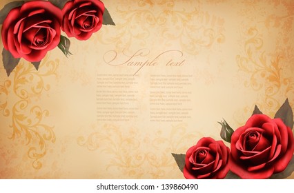 Retro background with beautiful red rose and old paper. Vector illustration.