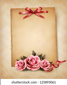 Retro background with beautiful three pink roses on old paper. Vector illustration.