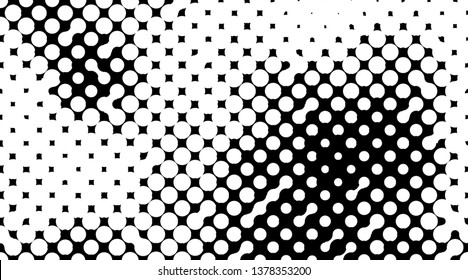 Retro background with black and white dots. Abstract halftone pattern formed by circles of different size. Vector illustration of a monochrome surface. Dotted backdrop.