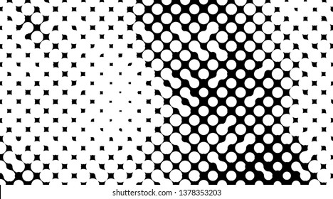 Retro background with black and white dots. Abstract halftone pattern formed by circles of different size. Vector illustration of a monochrome surface. Dotted backdrop.
