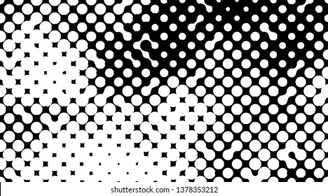 Retro background with black and white dots. Abstract halftone pattern formed by circles of different size. Vector illustration of a monochrome surface. Dotted backdrop.