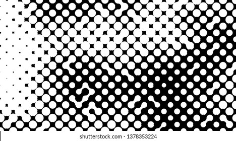 Retro background with black and white dots. Abstract halftone pattern formed by circles of different size. Vector illustration of a monochrome surface. Dotted backdrop.
