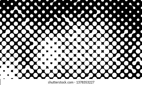 Retro background with black and white dots. Abstract halftone pattern formed by circles of different size. Vector illustration of a monochrome surface. Dotted backdrop.