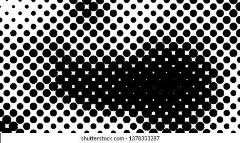 Retro background with black and white dots. Abstract halftone pattern formed by circles of different size. Vector illustration of a monochrome surface. Dotted backdrop.