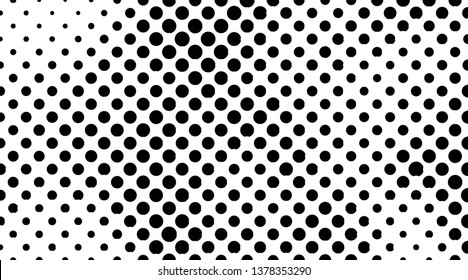 Retro background with black and white dots. Abstract halftone pattern formed by circles of different size. Vector illustration of a monochrome surface. Dotted backdrop.