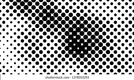 Retro background with black and white dots. Abstract halftone pattern formed by circles of different size. Vector illustration of a monochrome surface. Dotted backdrop.