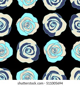 Retro background with blue and gray roses on a black background. Shabby chic illustration. Vector roses seamless pattern.