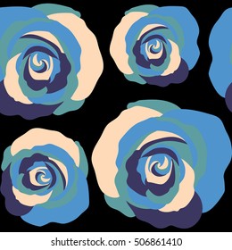 Retro background with blue roses on a black background. Shabby chic illustration. Vector roses seamless pattern.