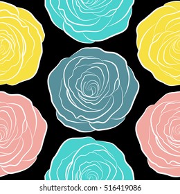 Retro background with blue, yellow and pink roses on a black background. Shabby chic illustration. Vector roses seamless pattern.