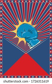 Retro background with boxing glove over red and blue rays and star frame.