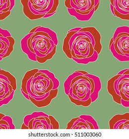 Retro background with brown, green and magenta roses. Shabby chic illustration. Vector roses seamless pattern.