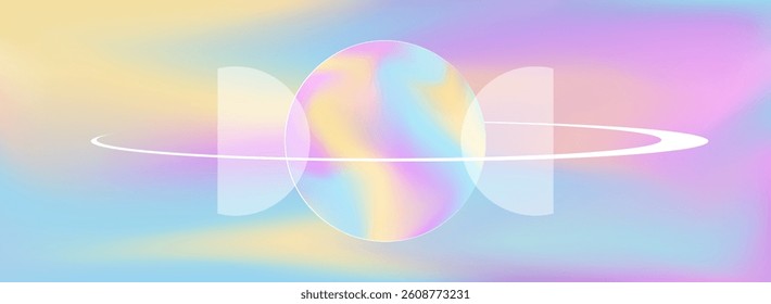 Retro background with the circle and frame on the vivid colorful blended background. Vector backdrop, illustration, y2k 2000s techno aesthetics.