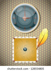 Retro background with clocks and feather. Illustration 10 version