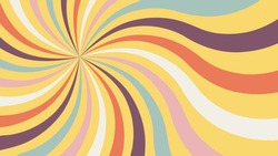 Retro Background With Color Sunburst Or Starburst. Pattern With Vintage Color Palette, Swirl Stripes. Vector Illustration Of 60s.