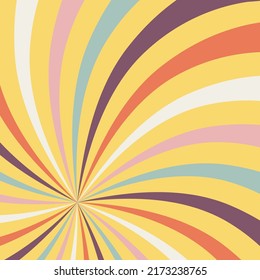 Retro background with color sunburst or starburst. Pattern with vintage color palette, swirl stripes. Vector illustration of 60s.