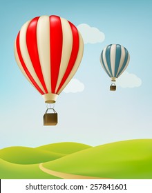 Retro background with colorful air balloons and green land. Vector. 