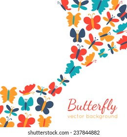 Retro background of colorful butterfly silhouettes.Spring wallpaper can be used for printing onto web page background and invitation. White, blue, red and yellow colors.