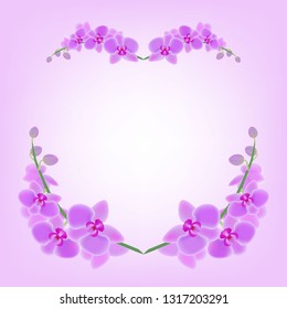  Retro background with colorful orchids. Vector illustration. Vector gradient greeting background with pictorial purple flowers