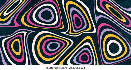 Retro Background with Colorful Wavy Circles and Grunge Texture, Groovy, Geometric Background, Bright Lines, Stars, Vector