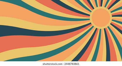 Retro background with curved beams or stripes from the 60s, 70s, 80s. Rotating spiral stripes. Colorful retro wave striped vintage sun flare. Vector illustration