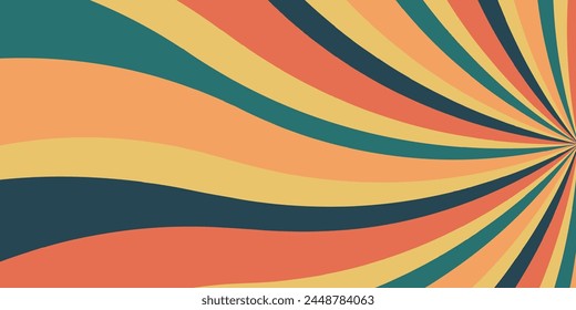 Retro background with curved beams or stripes from the 60s, 70s, 80s. Rotating spiral stripes. Colorful retro wave striped vintage sun flare. Vector illustration