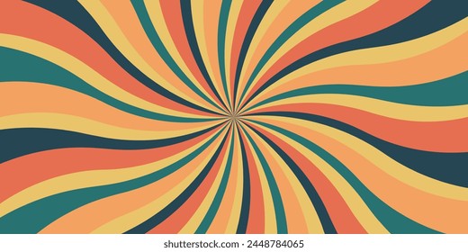 Retro background with curved beams or stripes from the 60s, 70s, 80s. Rotating spiral stripes. Colorful retro wave striped vintage sun flare. Vector illustration