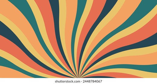 Retro background with curved beams or stripes from the 60s, 70s, 80s. Rotating spiral stripes. Colorful retro wave striped vintage sun flare. Vector illustration