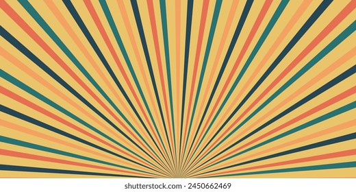 Retro background with curved beams or stripes from the 60s, 70s, 80s. Rotating spiral stripes. Colorful retro wave striped vintage sun flare. Vector illustration