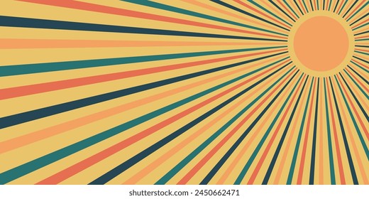 Retro background with curved beams or stripes from the 60s, 70s, 80s. Rotating spiral stripes. Colorful retro wave striped vintage sun flare. Vector illustration