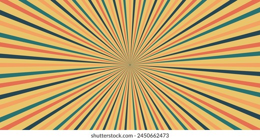 Retro background with curved beams or stripes from the 60s, 70s, 80s. Rotating spiral stripes. Colorful retro wave striped vintage sun flare. Vector illustration