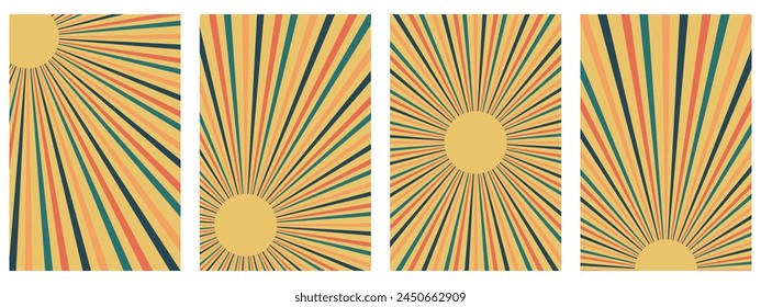 Retro background with curved beams or stripes from the 60s, 70s, 80s. Rotating spiral stripes. Colorful retro wave striped vintage sun flare. Vector illustration