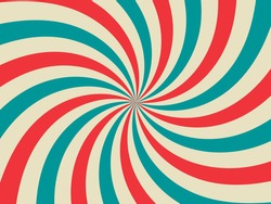 Retro Background With Curved, Rays Or Stripes In The Center. Rotating, Spiral Stripes. Sunburst Or Sun Burst Retro Background. Turquoise And Red Colors. Vector Illustration