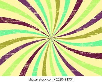 Retro background with curved, rays or stripes in the center. Rotating, spiral stripes. Sunburst  retro background with Grunge texture . Colorful colors. Vector illustration