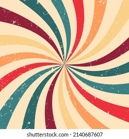 Retro background with curved, rays or stripes in the center. Rotating, spiral stripes. Sunburst or sun burst retro background. Turquoise and red colors. Vector illustration