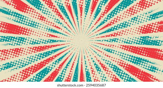 Retro background with curved, rays or stripes in the center. Rotating, spiral stripes. Sunburst or sun burst retro background. Turquoise and red colors. Vector illustration