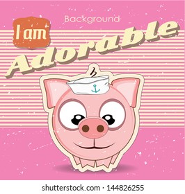 retro background with cute little sailor pig