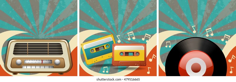 Retro background design with old radio and casettes illustration