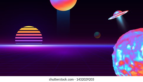 Retro background fantasy futuristic world cyber space cosmos. Digital landscape. 3d planets with holographic gradient. color is dark purple. Poster and banner 80s and 90s. flying saucer, Ufo. Vector