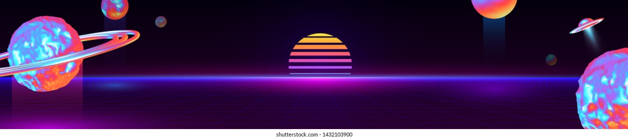 Retro background fantasy futuristic world cyber space cosmos. Digital landscape. 3d planets with holographic gradient. color is dark purple. Poster and banner 80s and 90s. flying saucer, Ufo. Vector