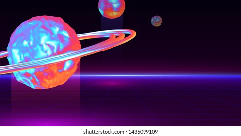 Retro background fantasy futuristic world cyber space cosmos. Digital landscape. 3d planets with holographic gradient. color is dark purple. Poster and banner 80s and 90s