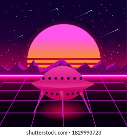 Retro background fantasy futuristic world cyber space cosmos. Digital landscape. 3d planets with holographic gradient. color is dark purple. Poster and banner 80s and 90s. flying saucer, Ufo. Vector