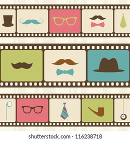 Retro background with film strips, mustaches and sunglasses