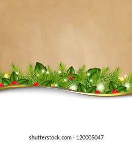 Retro Background And Fir Tree Border And Paper With Gradient Mesh, Vector Illustration