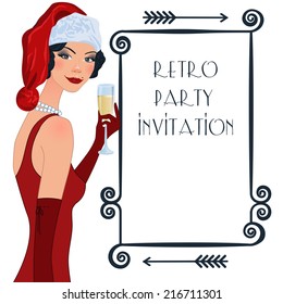 Retro background with flapper girl,  retro Christmas or New Year party invitation design in 20's style