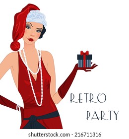 Retro background with flapper girl,  retro Christmas or New Year party invitation design in 20's style