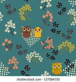 Retro background. Floral seamless pattern with cute owls