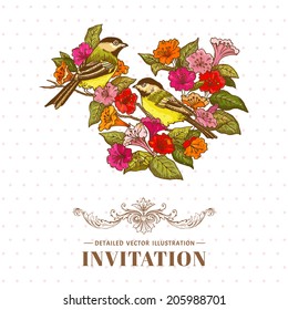 Retro Background - Flowers and  Birds - for design and scrapbook in vector