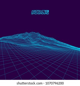 Retro background futuristic landscape 1980s style. Digital retro landscape cyber surface. Abstract vector wireframe landscape background. Cyberspace grid. 3d technology wireframe vector illustration.