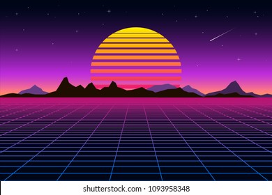 Retro background futuristic landscape 1980s style. Digital retro landscape cyber surface. Retro music album cover template sun, space, mountains .