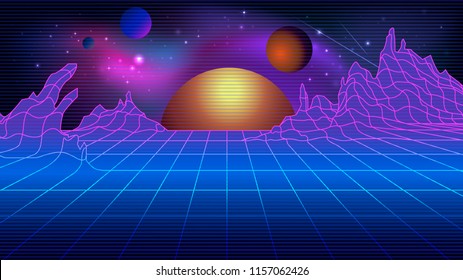 Retro background futuristic landscape 1980s style. Digital retro landscape cyber surface. 80s party background . Retro 80s fashion. Vector illustration